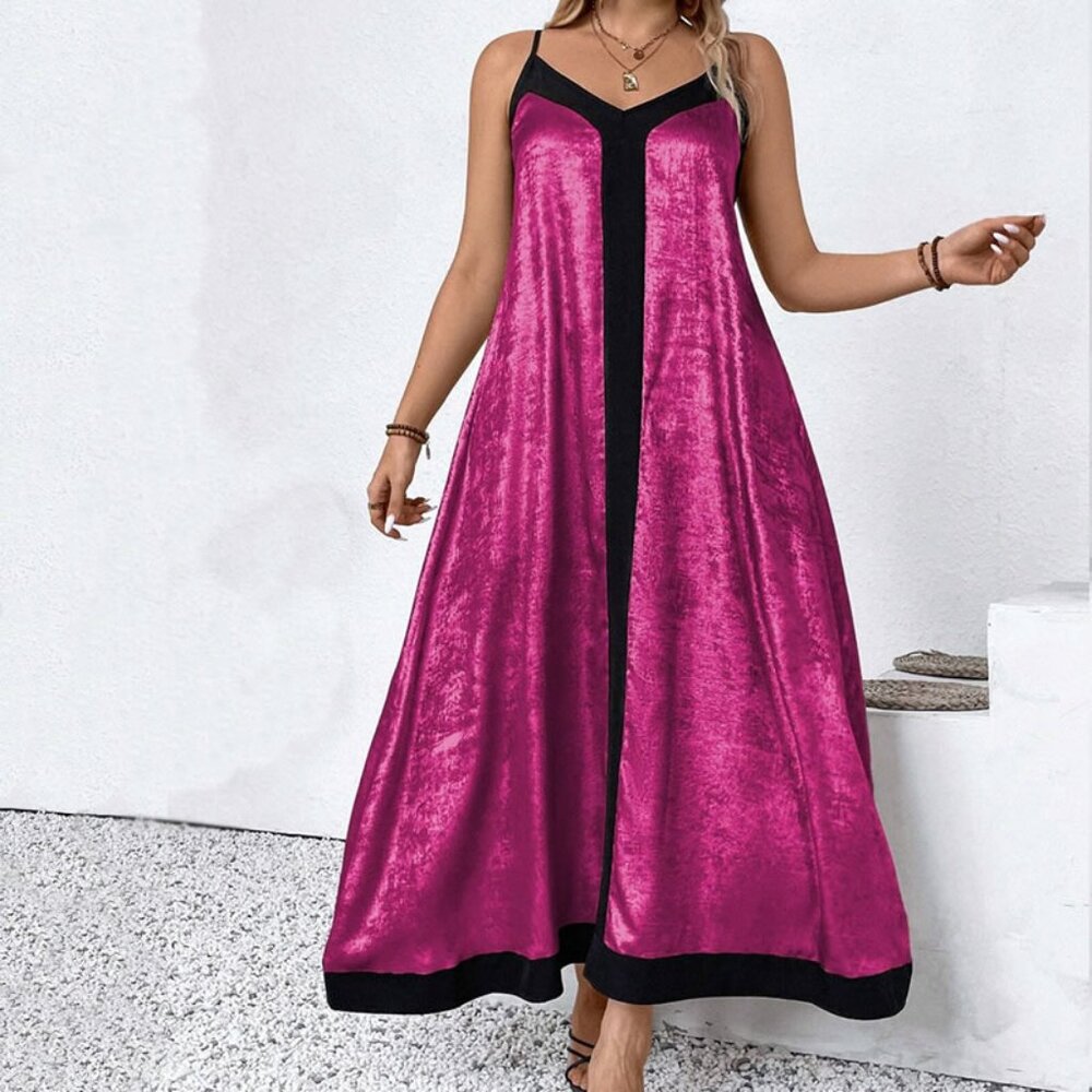 Metallic Pink Colorblock Sleeveless Maxi Dress